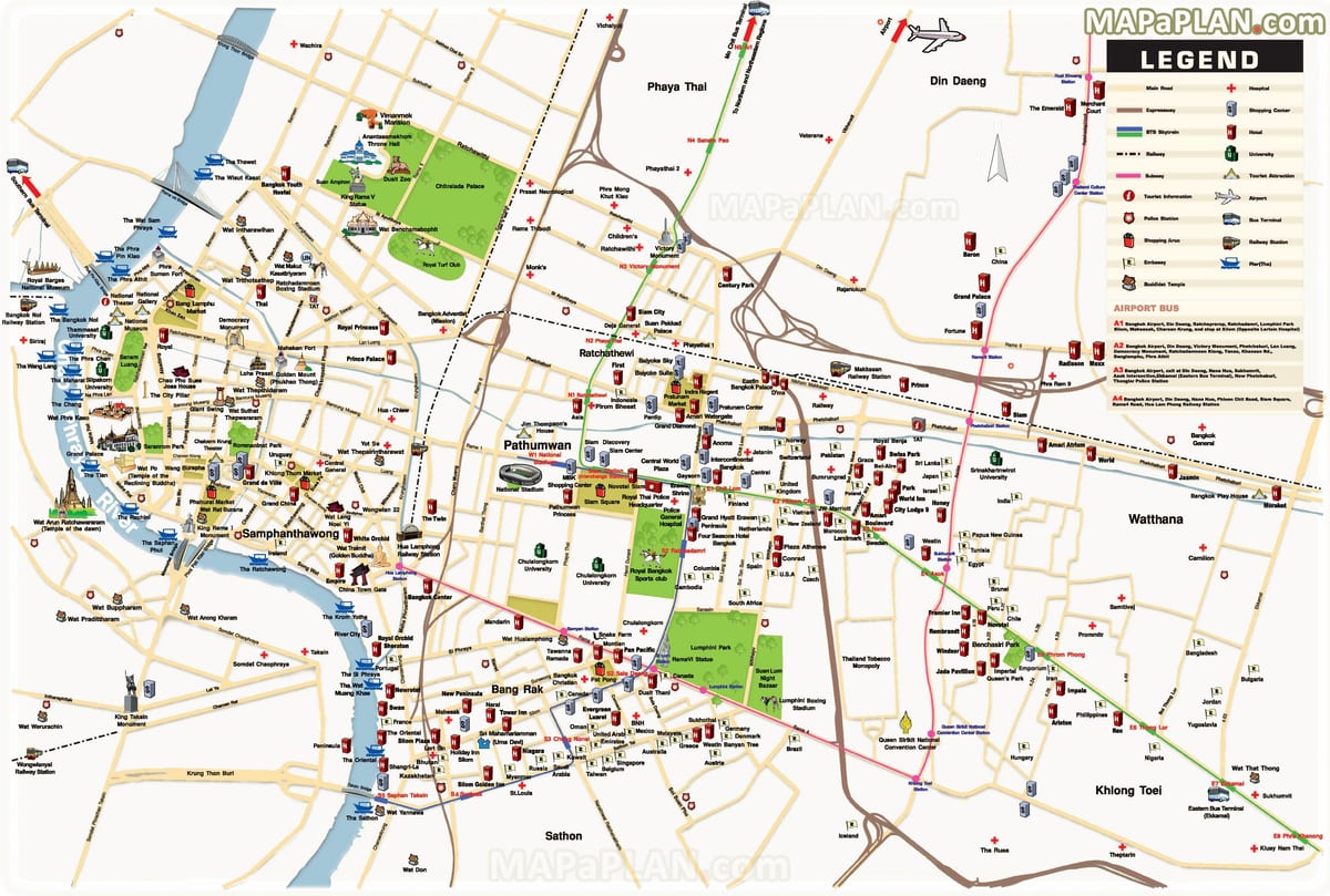 əsas turistik Bangkok xəritədə